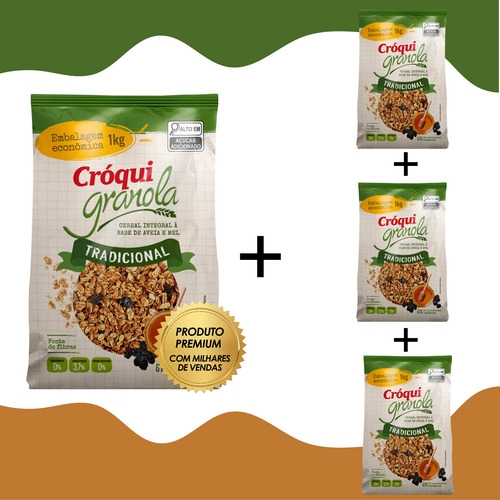Kit 4 Cróqui Granola Tradicional 1kg Cereal Integral Aveia